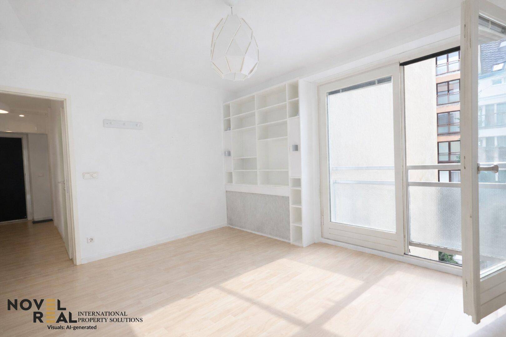 Leeres Wohnzimmer mit hellem Holzboden, Einbauregal und Zugang zu einem französischen Balkon.