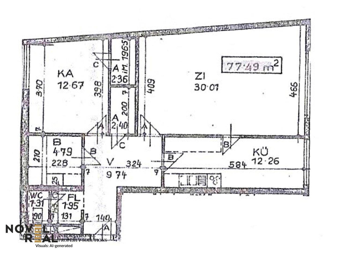 Grundriss der Wohnung mit einer Fläche von 77,49 m² und Raumaufteilung.