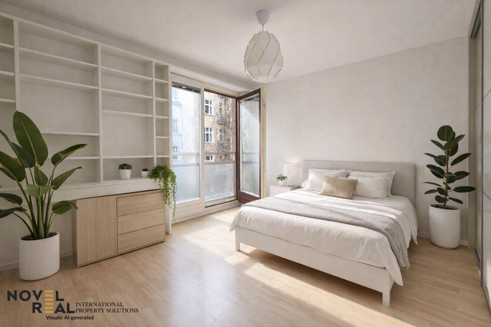 Virtuell möbliertes Schlafzimmer mit hellem Holzboden, Einbauregal und Balkonzugang.