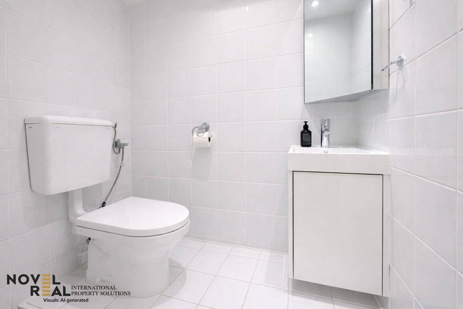 Separates WC mit weißen Fliesen, Toilette und kleinem Waschbecken mit Spiegelschrank.