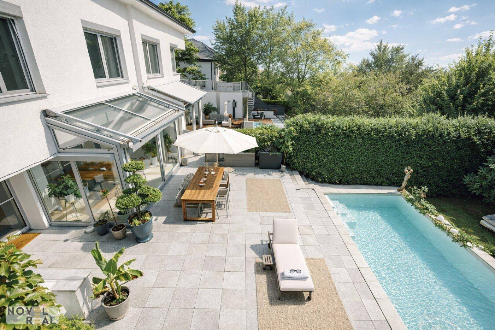 Weitläufige Terrasse mit Esstisch, Sonnenliege und Poolbereich vor dem modernen Haus.