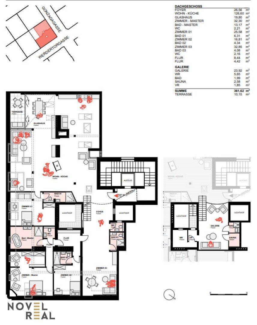 Detaillierter Grundriss einer Maisonette-Wohnung mit offener Wohnküche, Terrasse und Galerie auf zwei Ebenen.