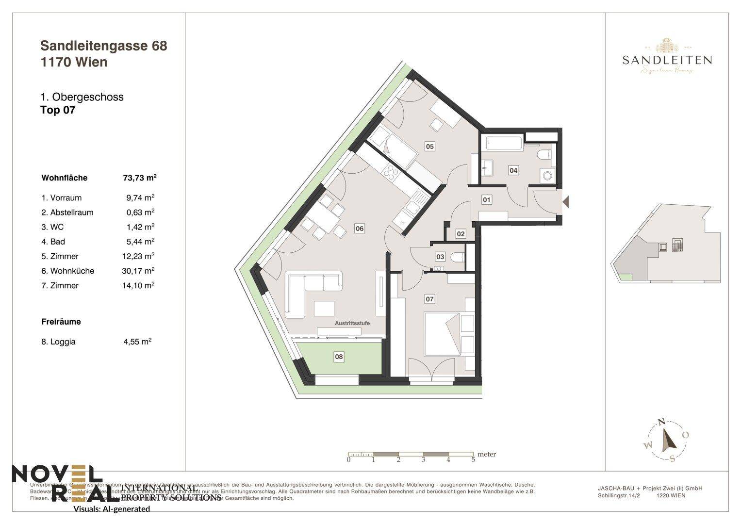 Grundriss einer Wohnung mit 73,73 m² Wohnfläche, Loggia und mehreren Zimmern.