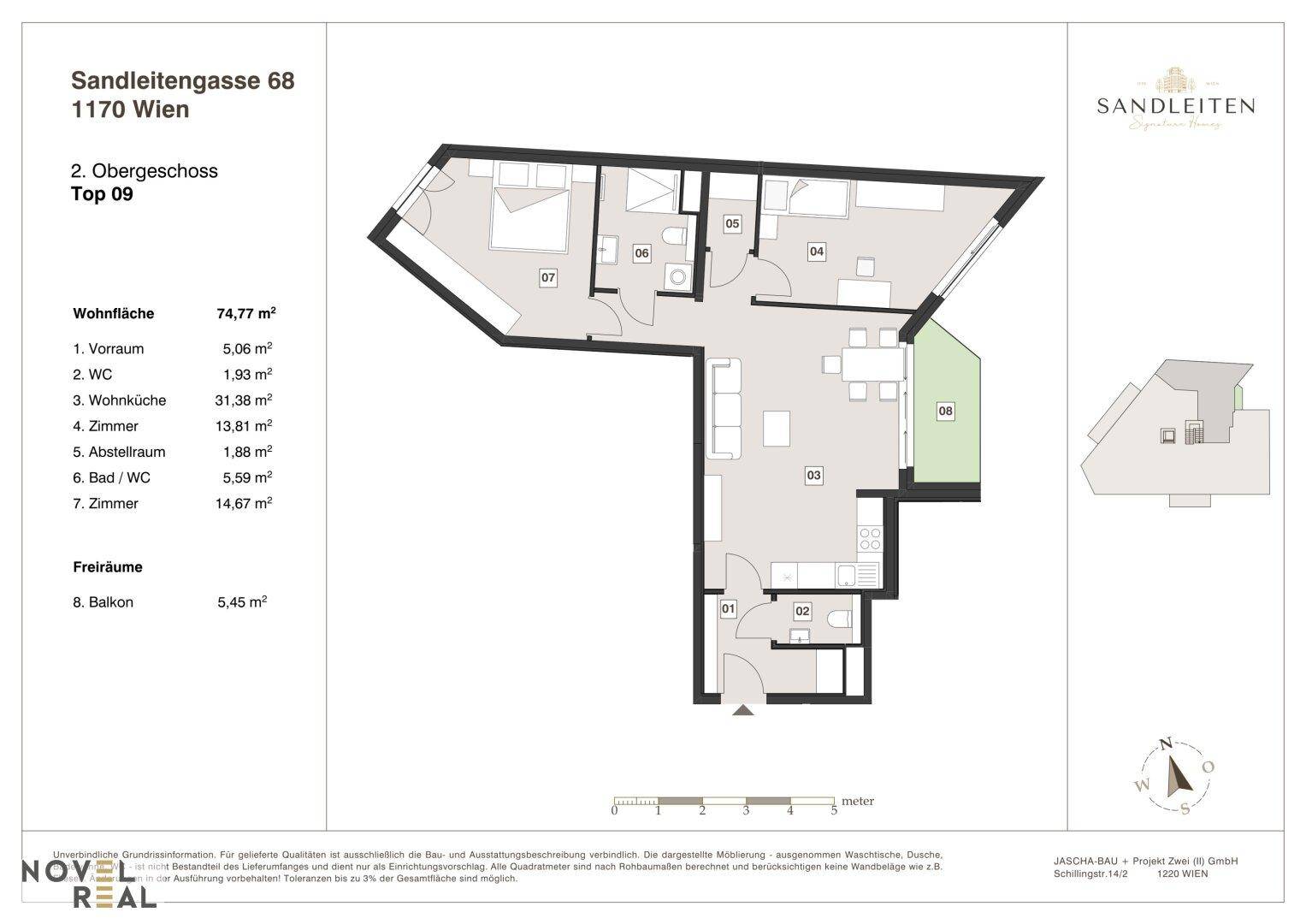 Grundriss der Wohnung Top 09 im 2. Obergeschoss mit Balkon und separatem WC.