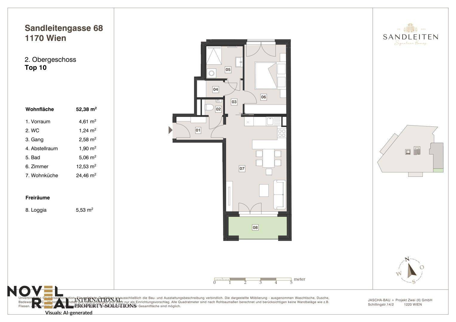 Detaillierter Grundriss der Wohnung Top 10 im 2. Obergeschoss mit Loggia.