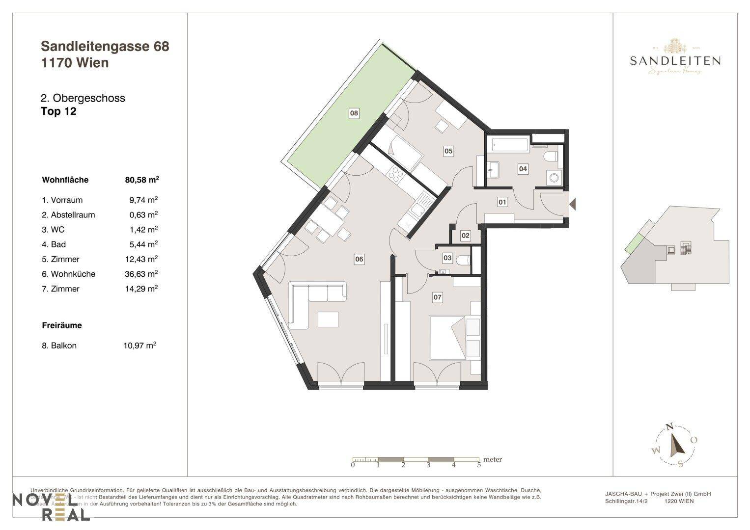 Grundriss der Wohnung Top 12 im 2. Obergeschoss mit Balkon und effizienter Raumaufteilung.