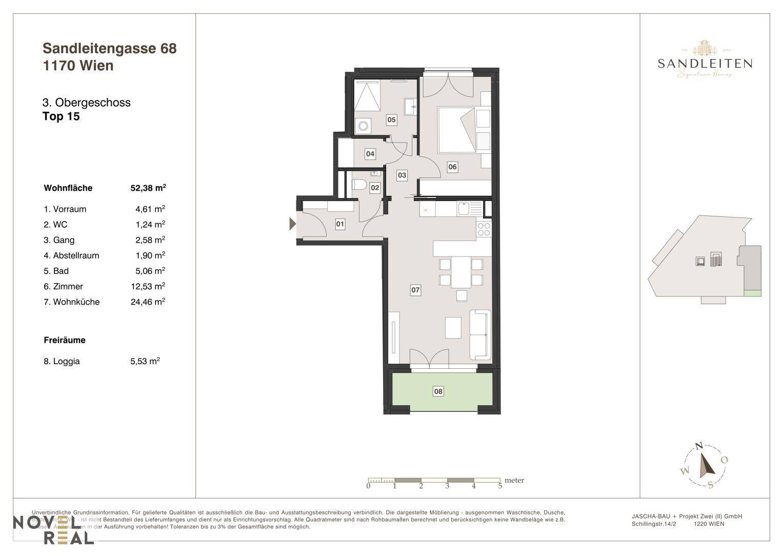 Grundriss der Wohnung Top 15 im 3. Obergeschoss mit Loggia und klarer Raumaufteilung.