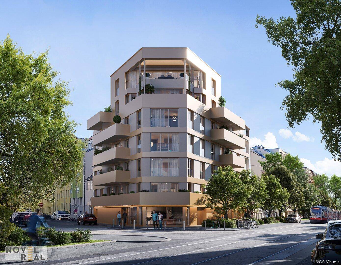Neubau-Wohngebäude mit markanter Architektur, Balkonen und Dachterrassen in urbaner Umgebung.