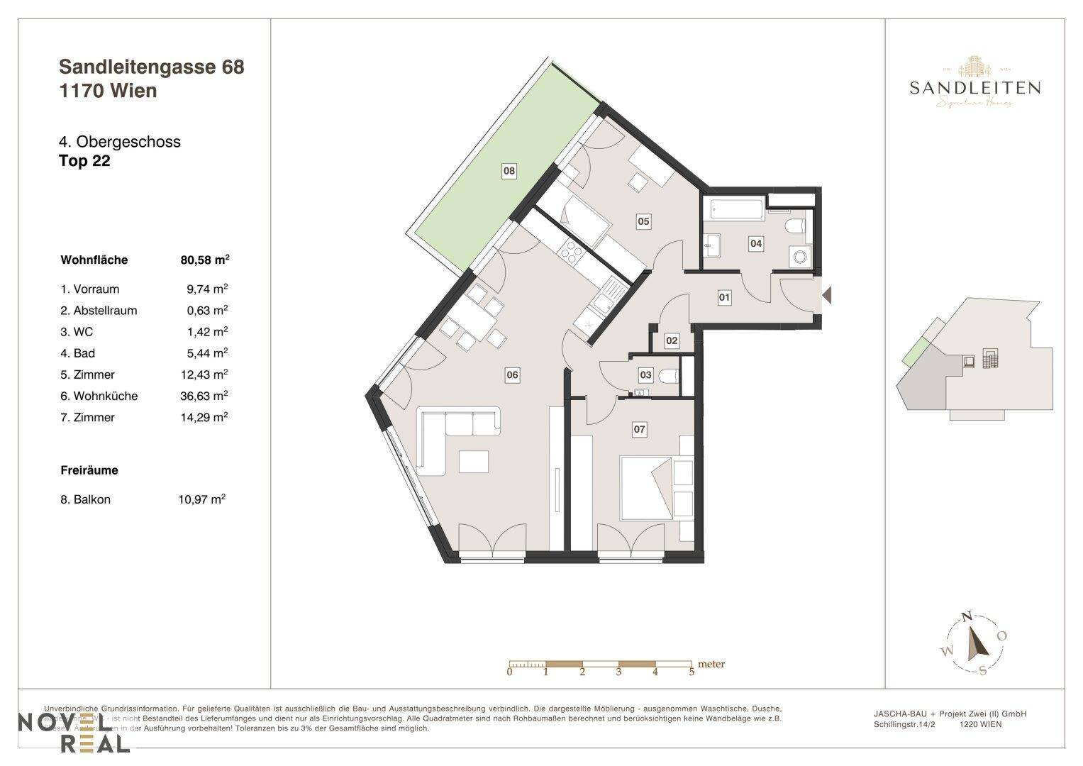 Grundriss der Wohnung Top 22 im 4. Obergeschoss mit Balkon und detaillierter Raumaufteilung.