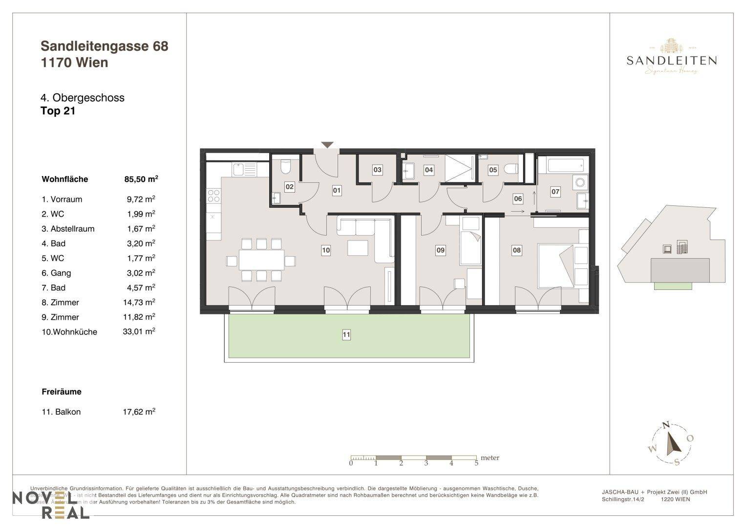 Grundriss der Wohnung Top 21 im 4. Obergeschoss mit Balkon und offener Wohnküche.