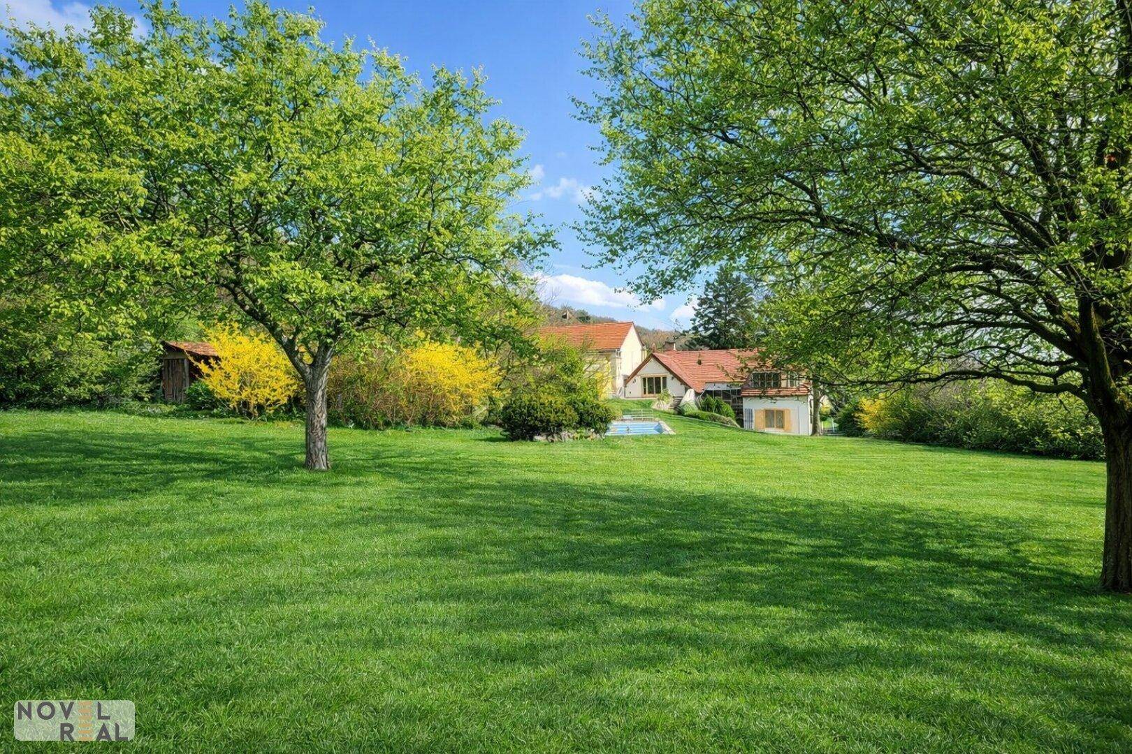 Ausgedehnter Garten mit Obstbäumen und Blick auf das Anwesen in ländlicher Umgebung.
