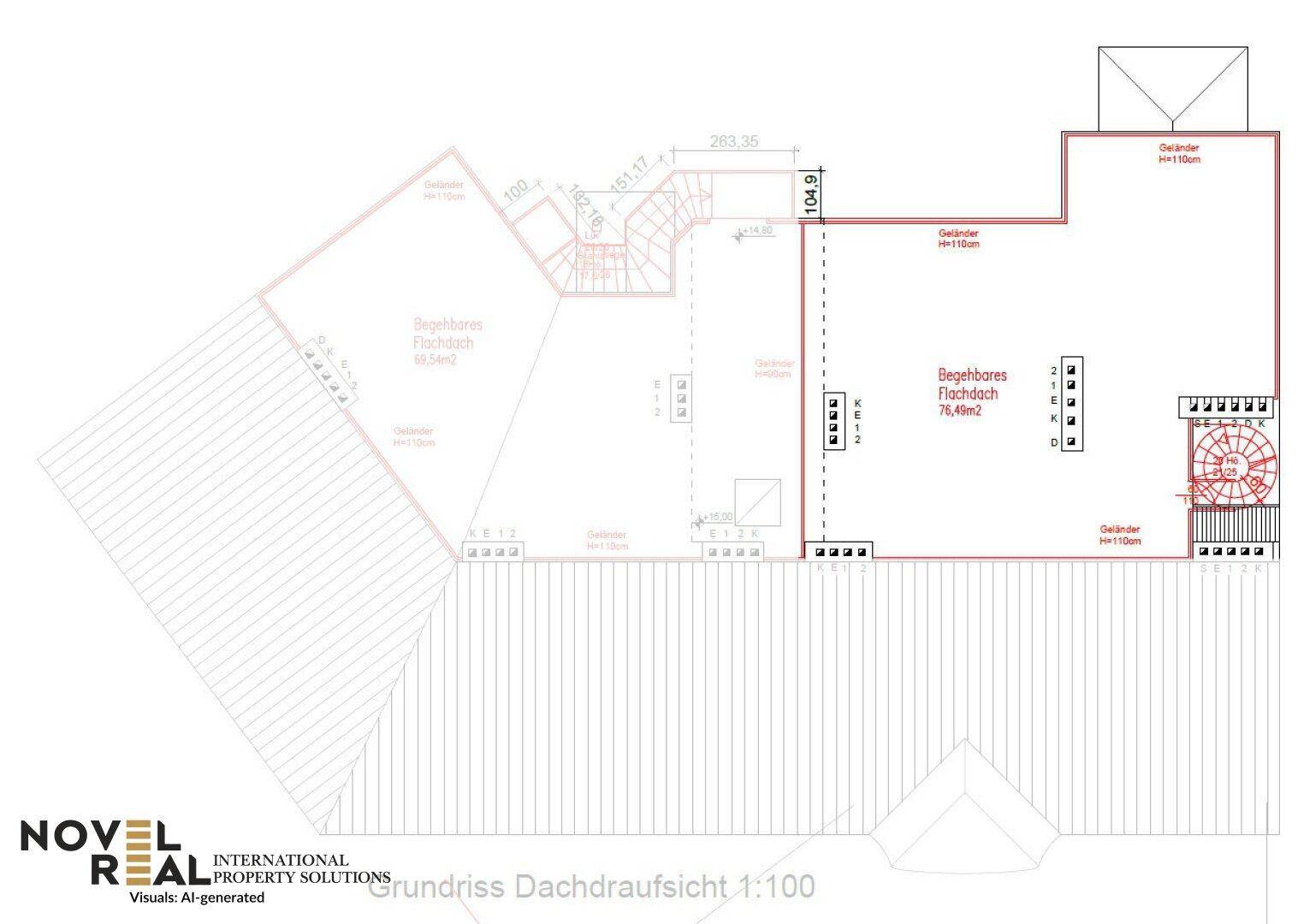 Grundriss der Dachaufsicht mit begehbarem Flachdach und Treppenhauszugang.