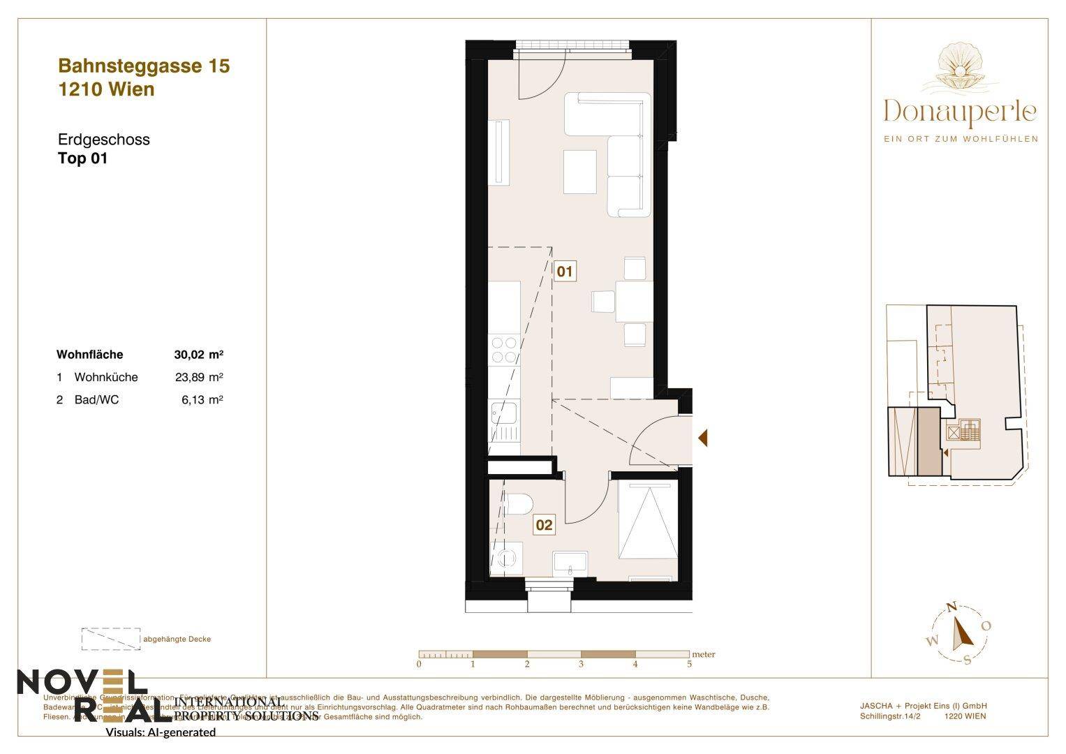 Grundriss einer Erdgeschosswohnung mit 30,02 m² Wohnfläche und offenem Wohnbereich.
