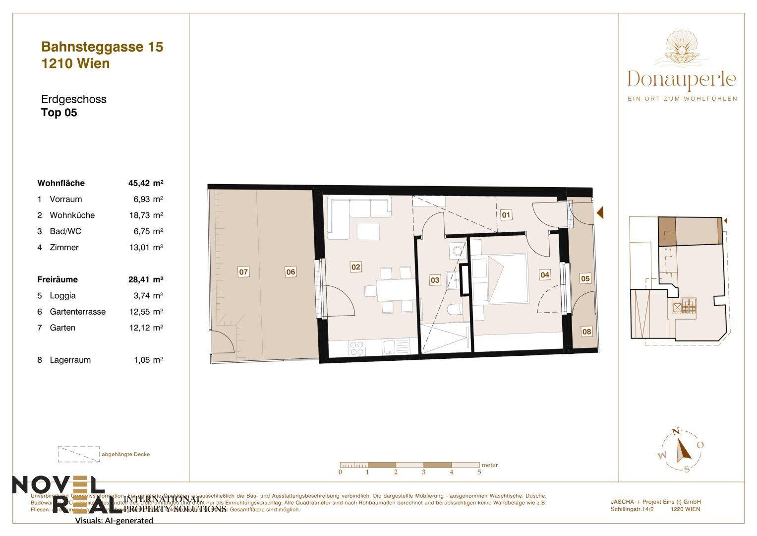 Grundriss der Wohnung Top 05 im Erdgeschoss mit Loggia und Gartenanteil.