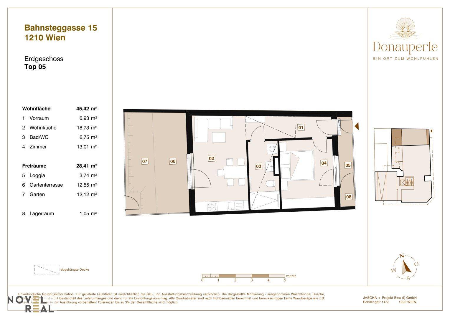 Grundriss der Wohnung Top 05 im Erdgeschoss mit Loggia und Gartenanteil.