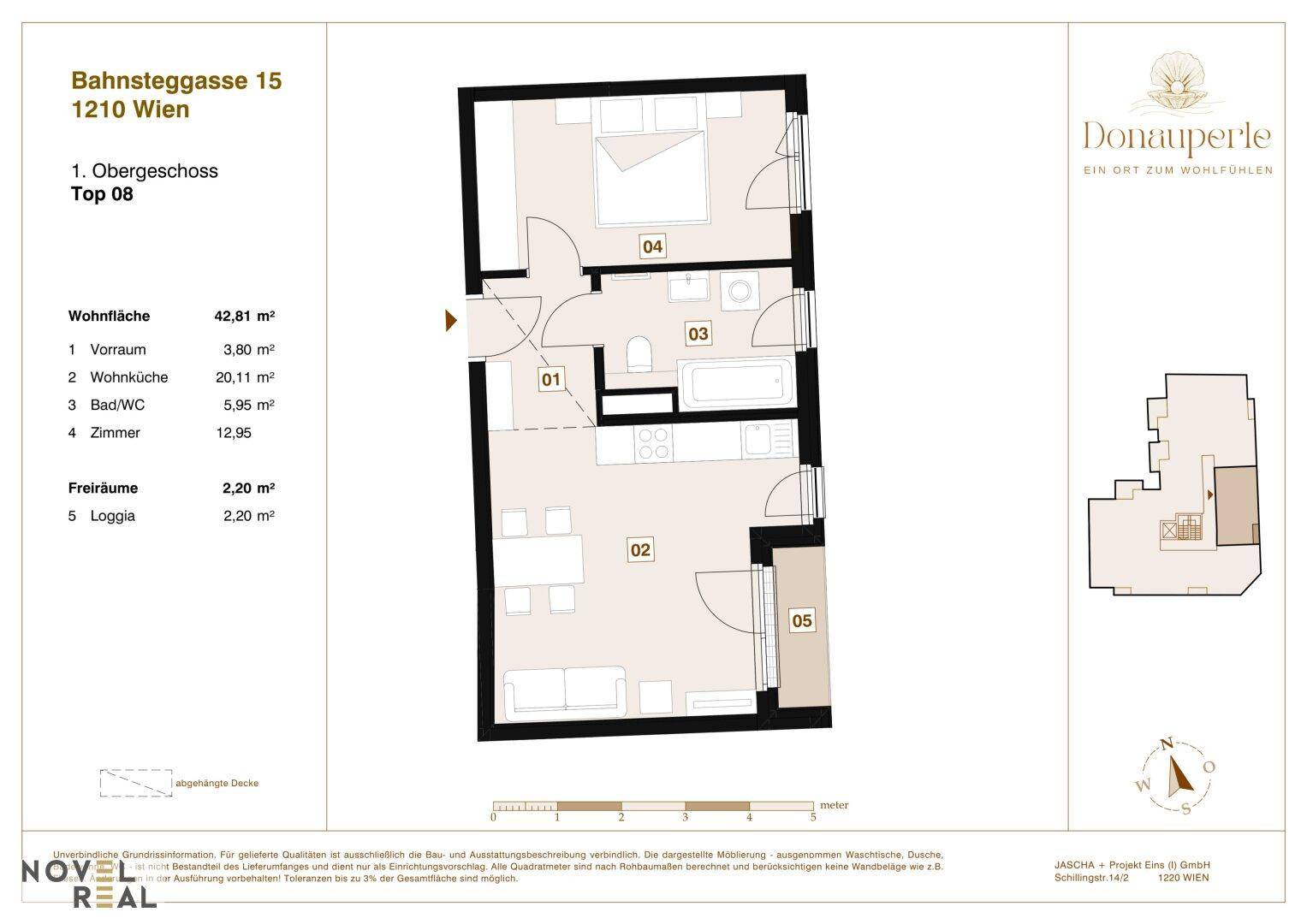 Grundriss einer Wohnung mit Wohnküche, Schlafzimmer und Loggia.