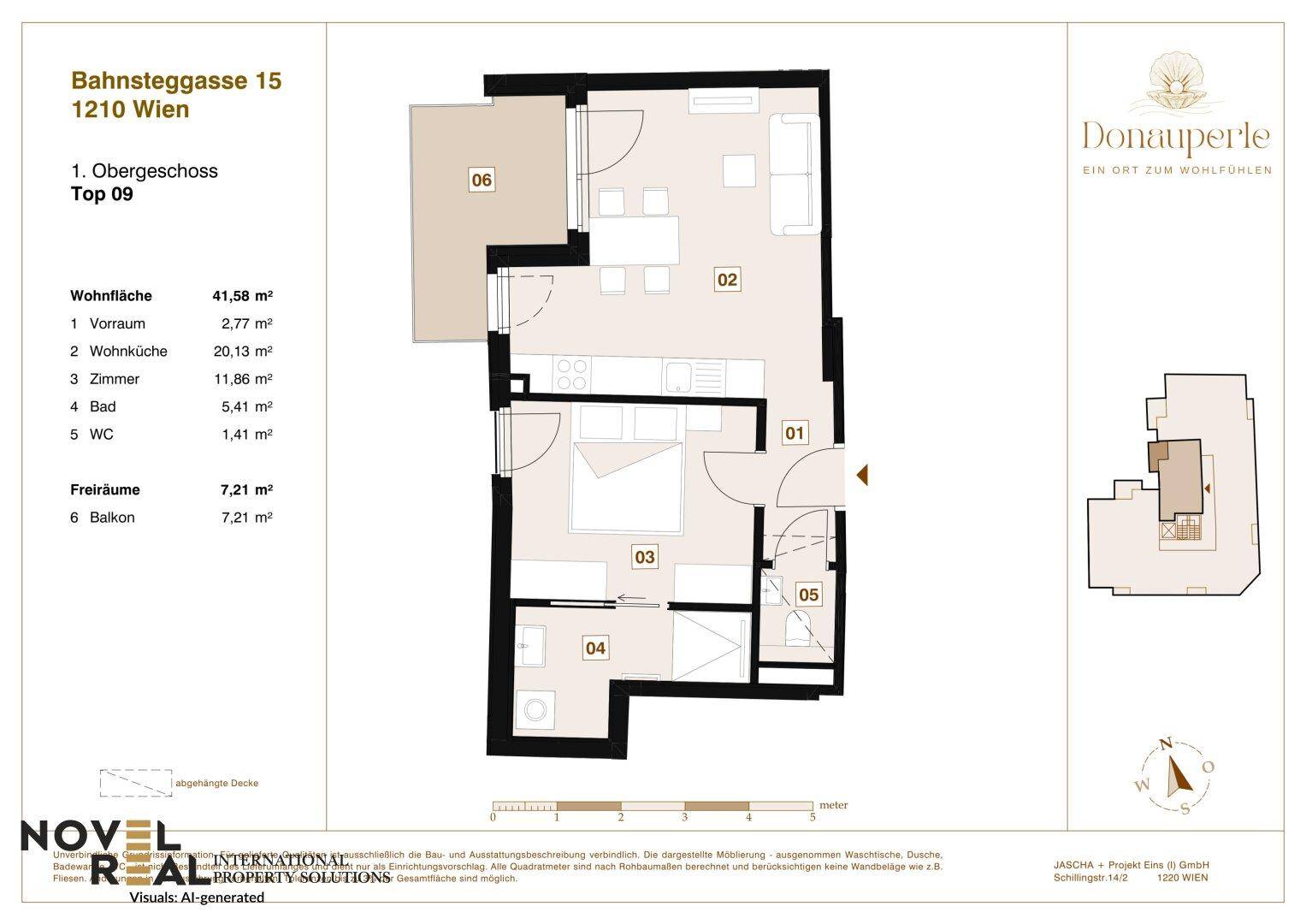 Grundriss der Wohnung Top 09 im Obergeschoss mit Balkon und Wohnflächenangaben.