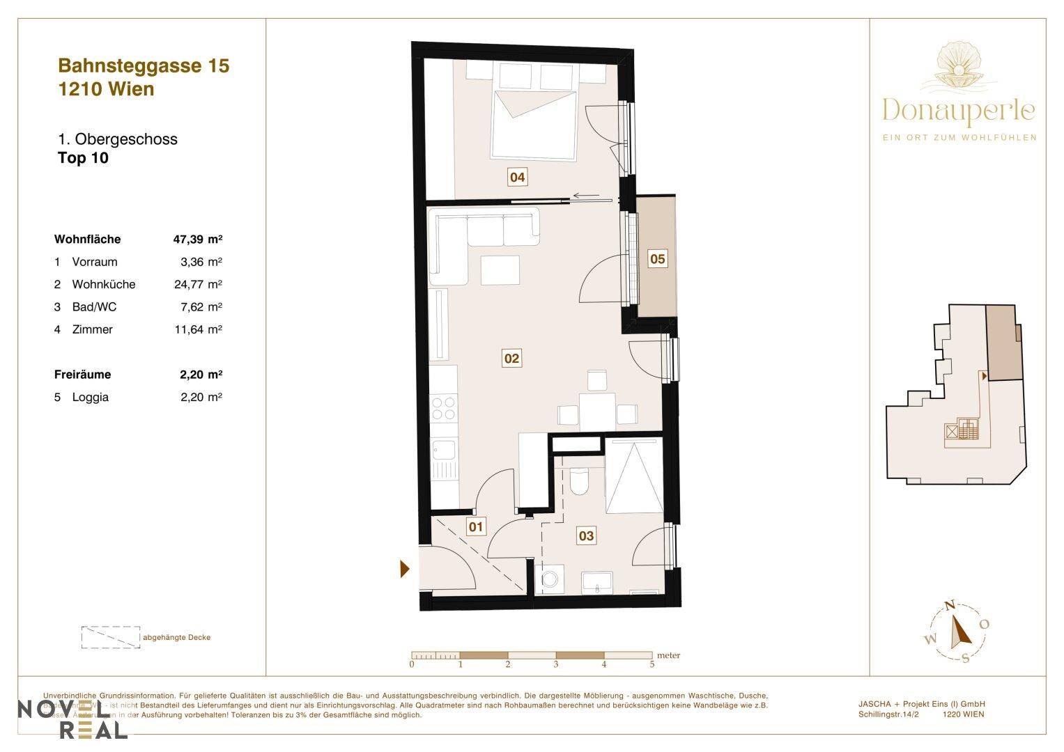 Grundriss der Wohnung Top 10 im ersten Obergeschoss mit Loggia und 47,39 m² Wohnfläche.