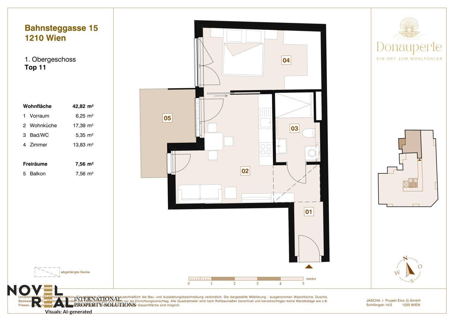 Grundriss einer Wohnung im ersten Obergeschoss mit Balkon und separaten Räumen.