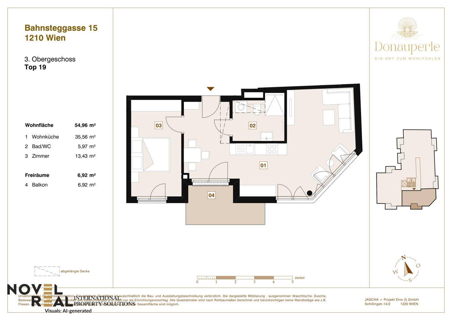 Grundriss einer Wohnung mit drei Zimmern, Bad, separatem WC und Balkon.