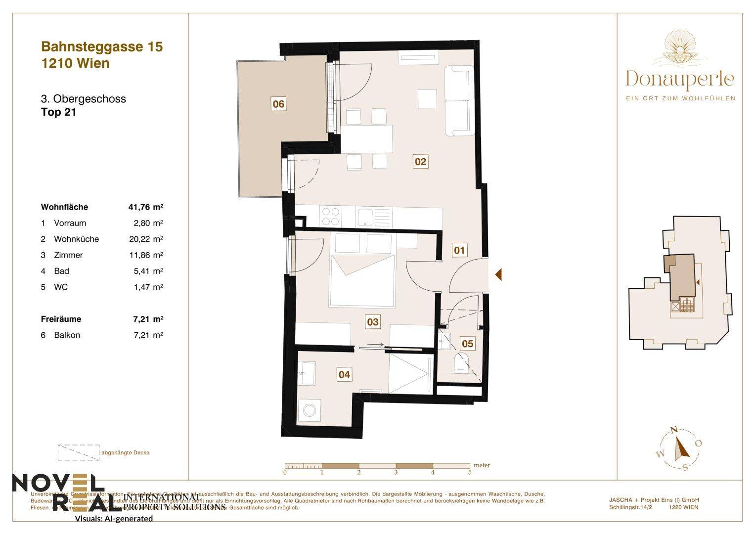 Detaillierter Grundriss einer Wohnung mit Wohnfläche von 41,76 m² und Balkon.