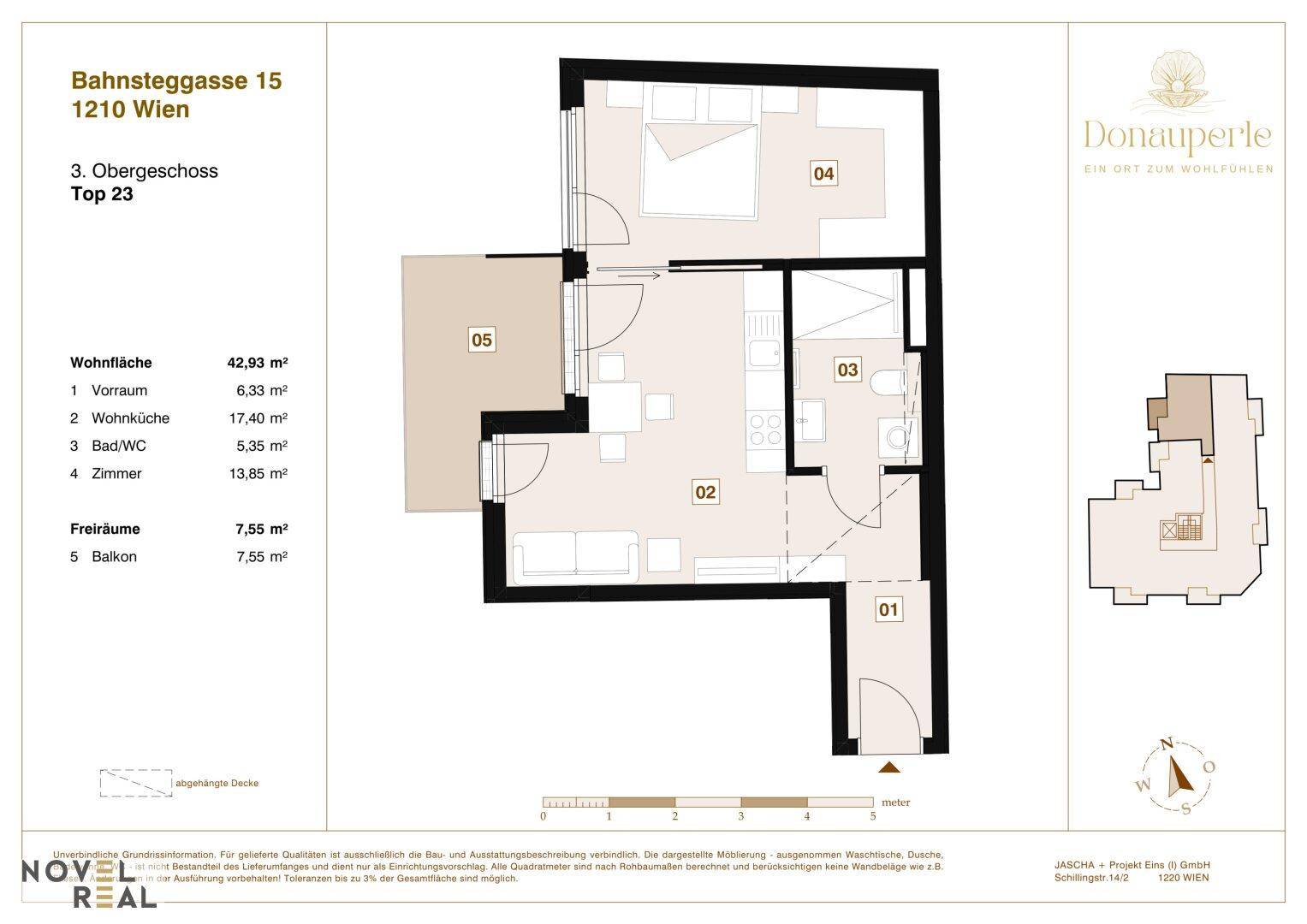 Grundriss einer Wohnung mit 42,93 m² Wohnfläche, Balkon und separatem Vorraum, zeigt die Raumaufteilung.