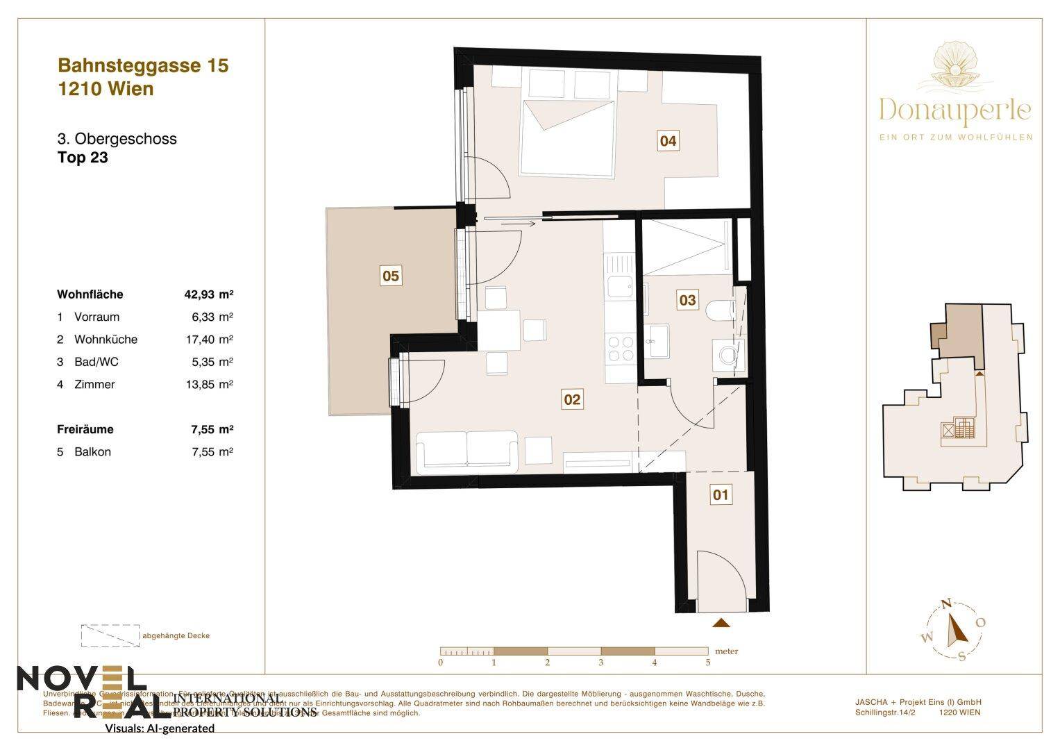Grundriss einer Wohnung im 3. Obergeschoss mit Wohnküche, Schlafzimmer und Balkon.