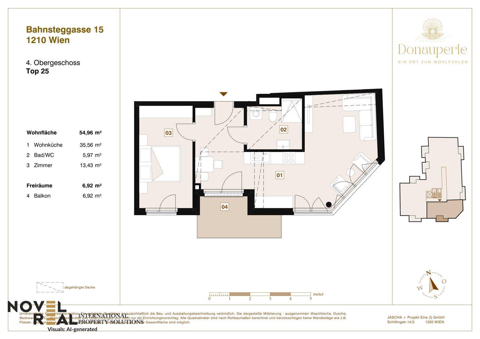 Grundriss der Wohnung Top 25 mit offener Wohnküche, Schlafzimmer, Bad und Balkon.