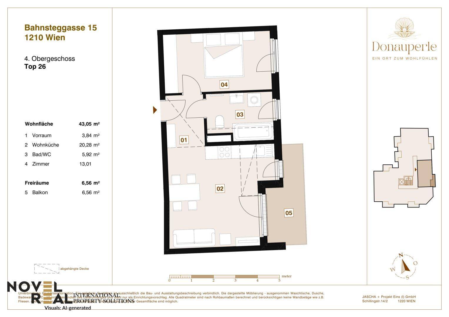 Grundriss der Wohnung Top 26 im 4. Obergeschoss mit Wohnfläche und Balkon.