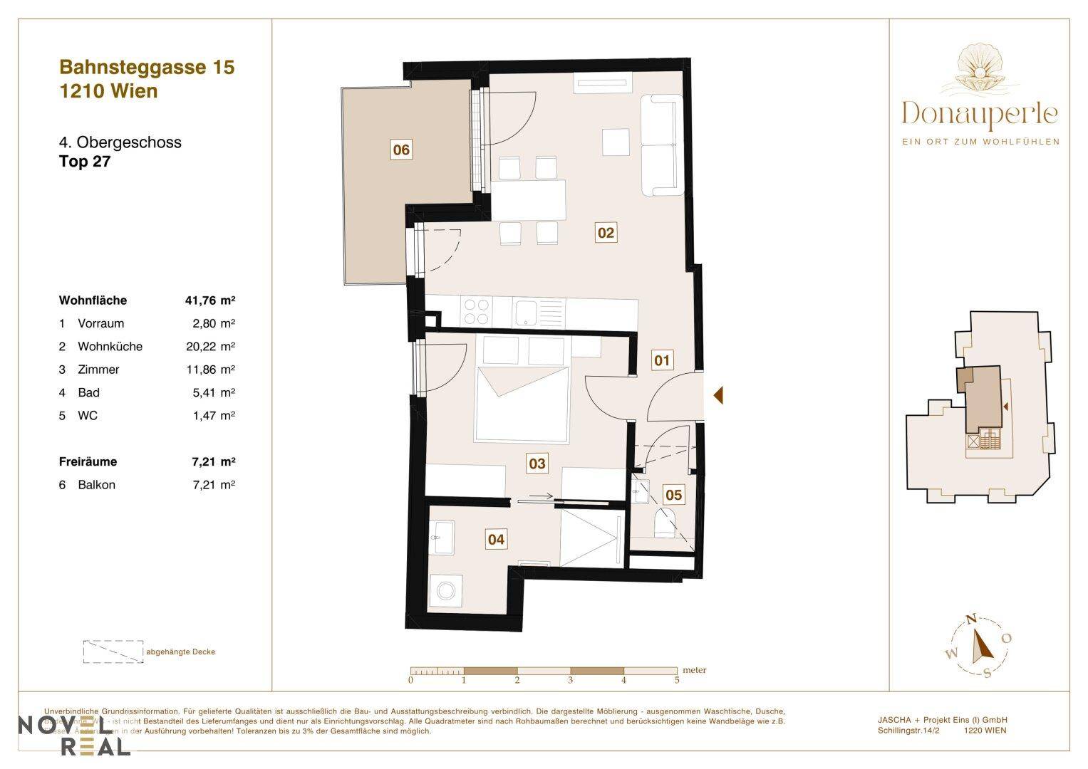 Grundriss der Wohnung Top 27 im 4. Obergeschoss mit offenem Wohnbereich und Balkon.