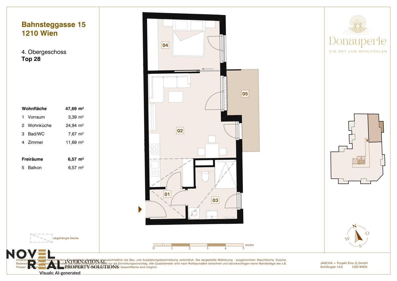 Grundriss einer Wohnung im Obergeschoss mit Balkon, Schlafzimmer und offenem Wohnbereich.