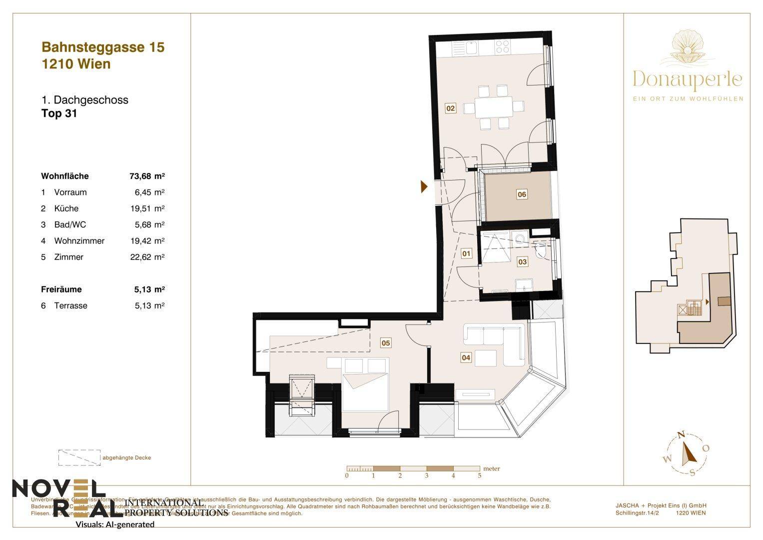 Grundriss der Wohnung Top 31 mit 73,68 m² Wohnfläche und Terrasse.