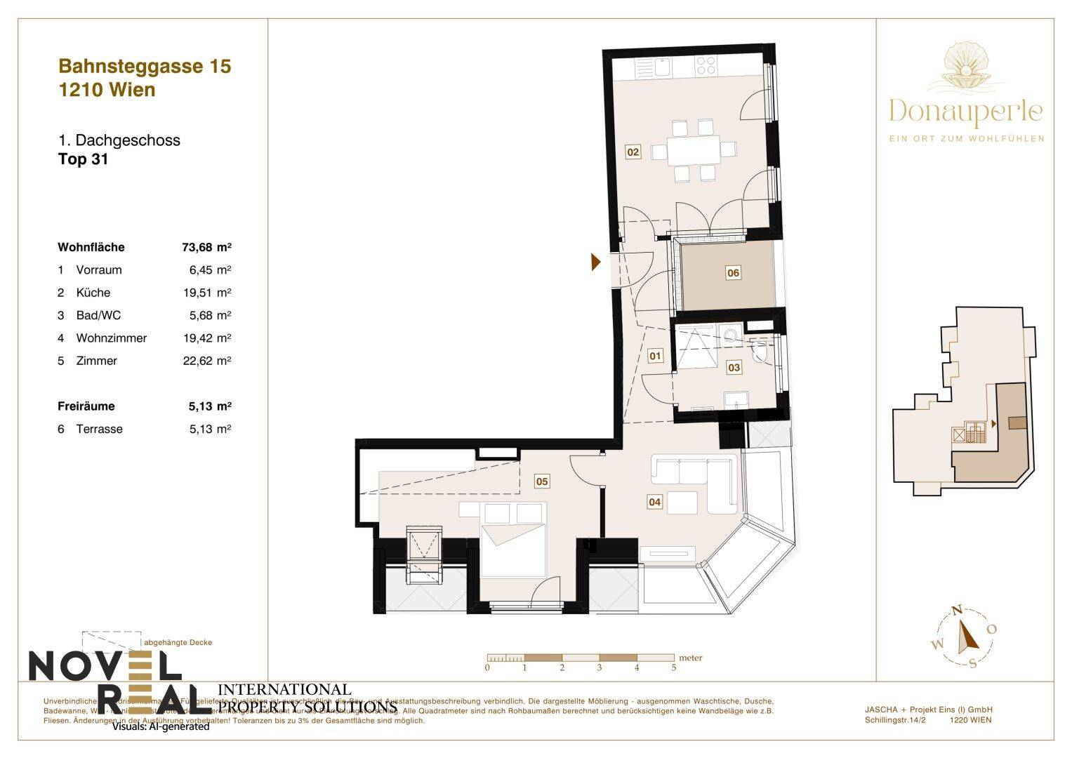 Grundriss der Dachgeschosswohnung Top 31 mit Wohnzimmer, Küche und Terrasse.