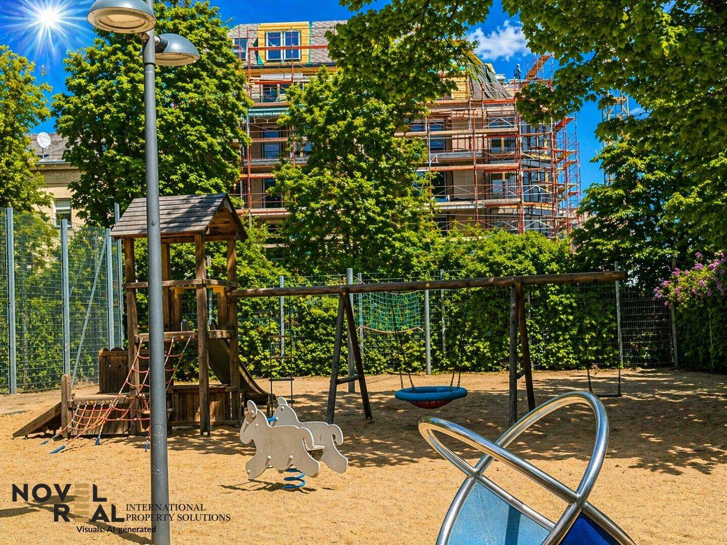 Kinderspielplatz mit Schaukeln und Klettergerüst, im Hintergrund ein im Bau befindliches Gebäude.