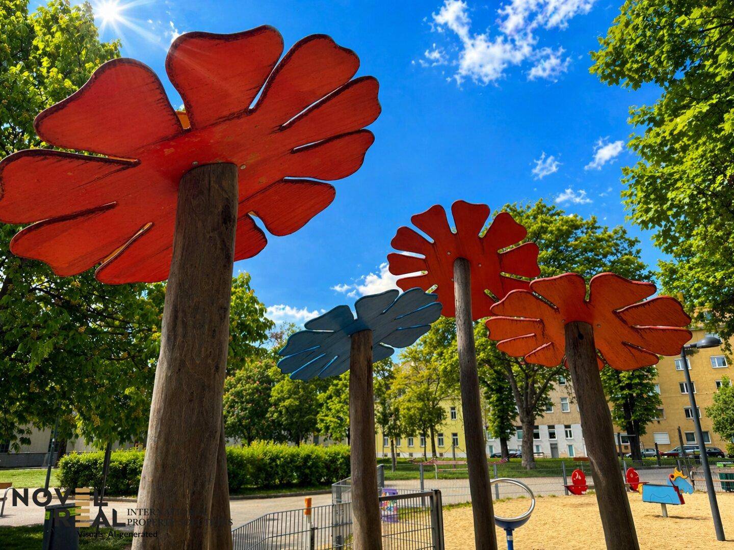 Farbenfroher Spielplatz mit einzigartigen Blumenstrukturen und Sandbereich für Kinder.