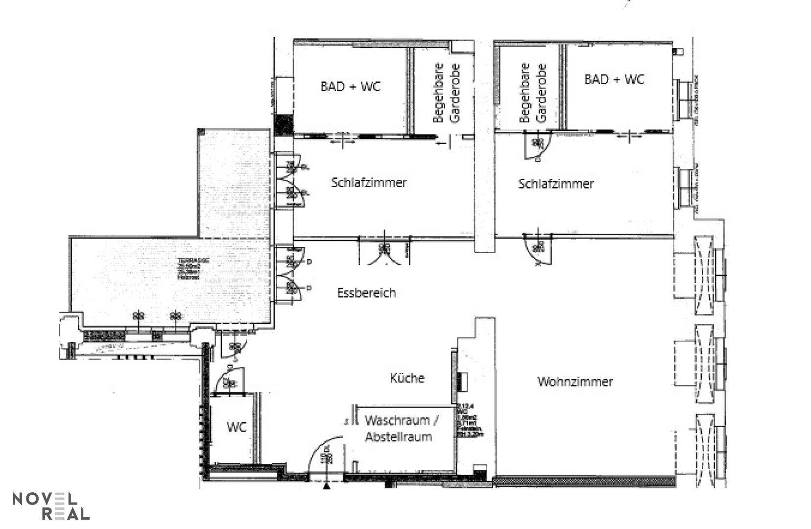 Grundrissplan einer Wohnung mit zwei Schlafzimmern, zwei Bädern, separatem WC, begehbaren Kleiderschränken und einer großen Terrasse.