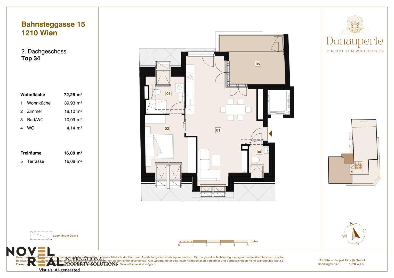Grundriss der Wohnung Top 34 im 2. Dachgeschoss mit Terrasse und Wohnflächenangaben.