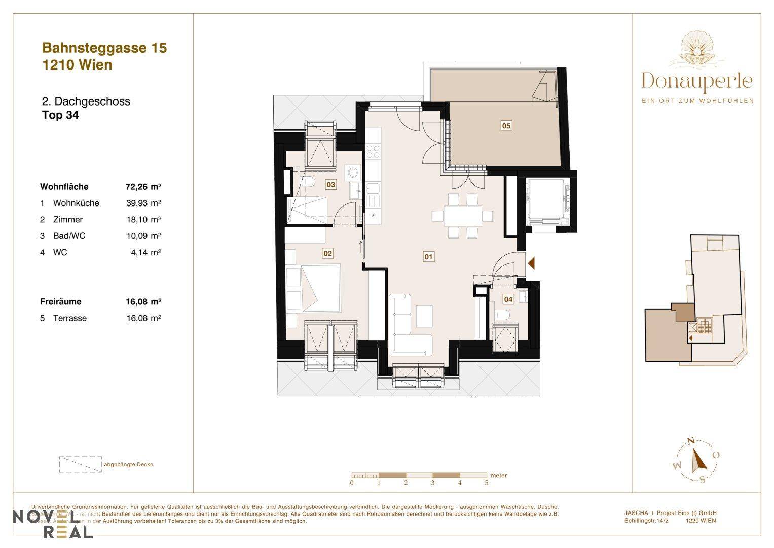 Detaillierter Grundriss einer Dachgeschosswohnung mit 72,26 m² Wohnfläche und Terrasse.