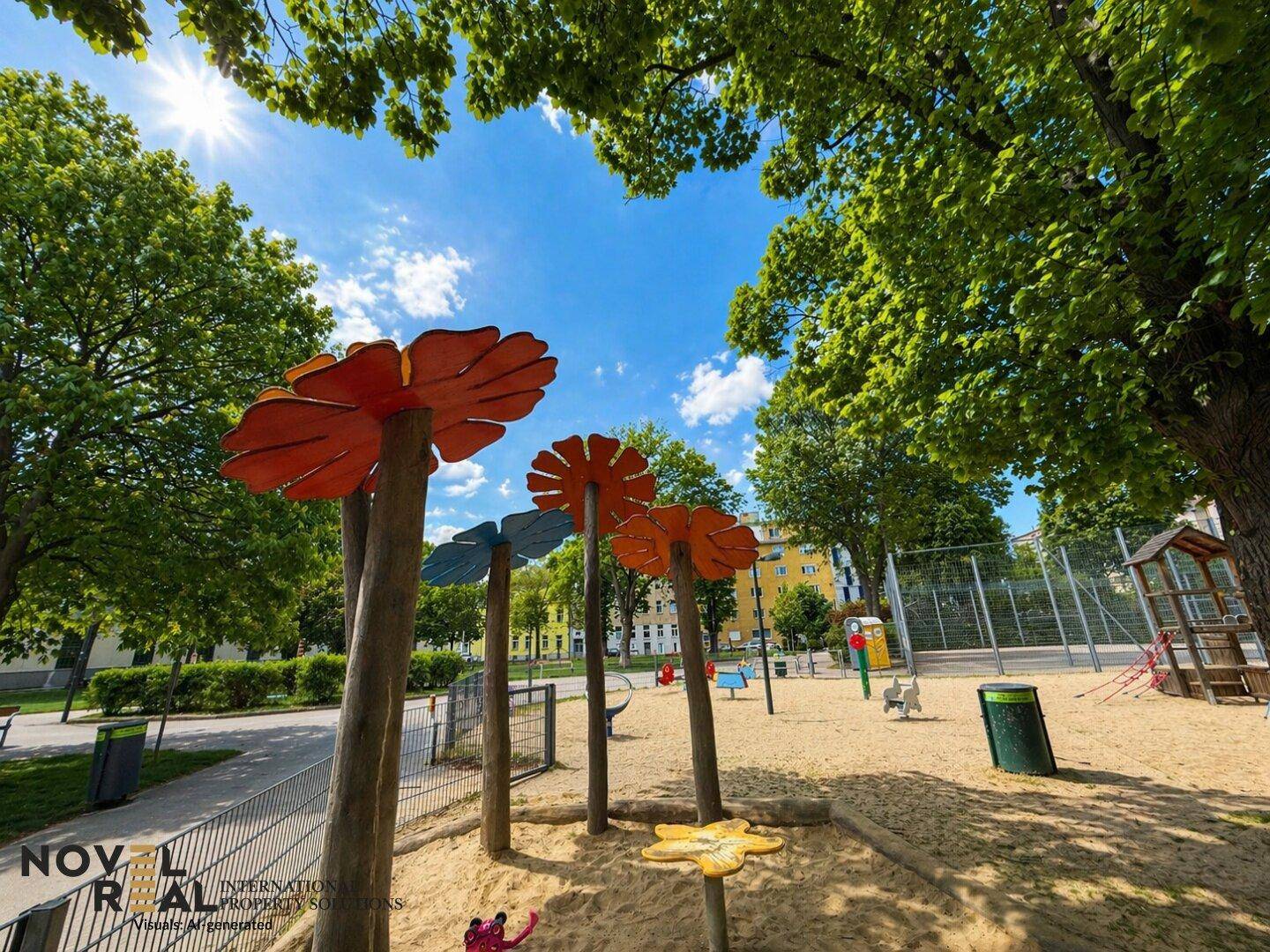 Sonniger Spielplatz mit Sandfläche und bunten Spielgeräten, umgeben von Bäumen.