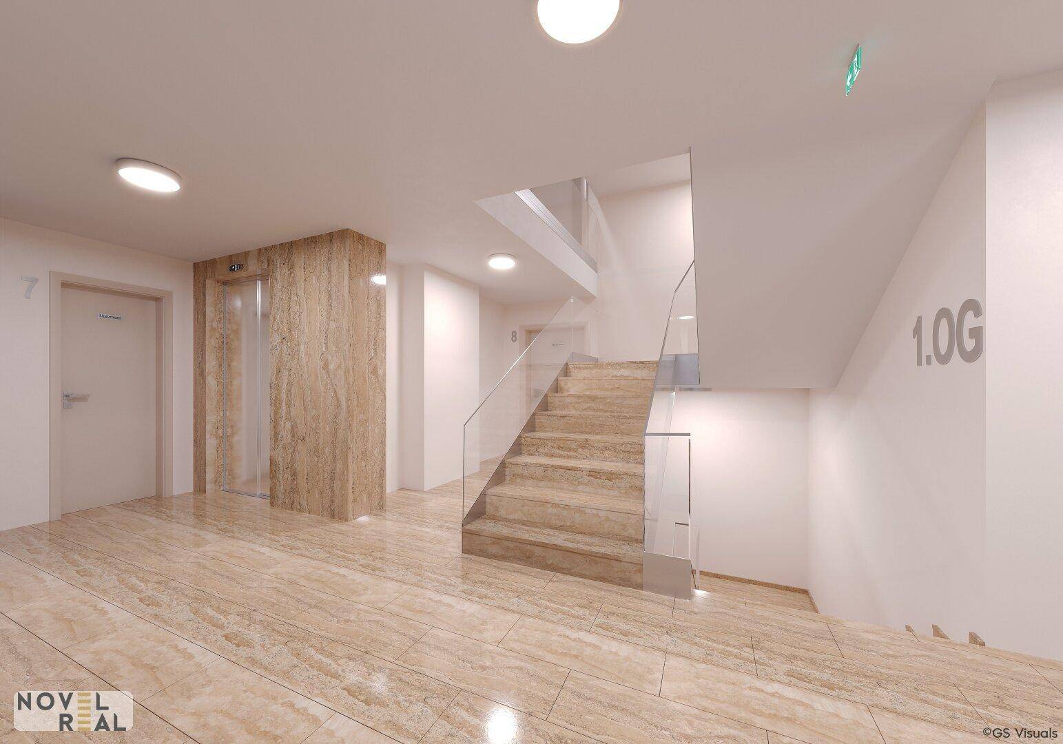 Moderner Eingangsbereich mit Natursteinboden, eleganter Treppe mit Glasgeländer und integriertem Aufzug.