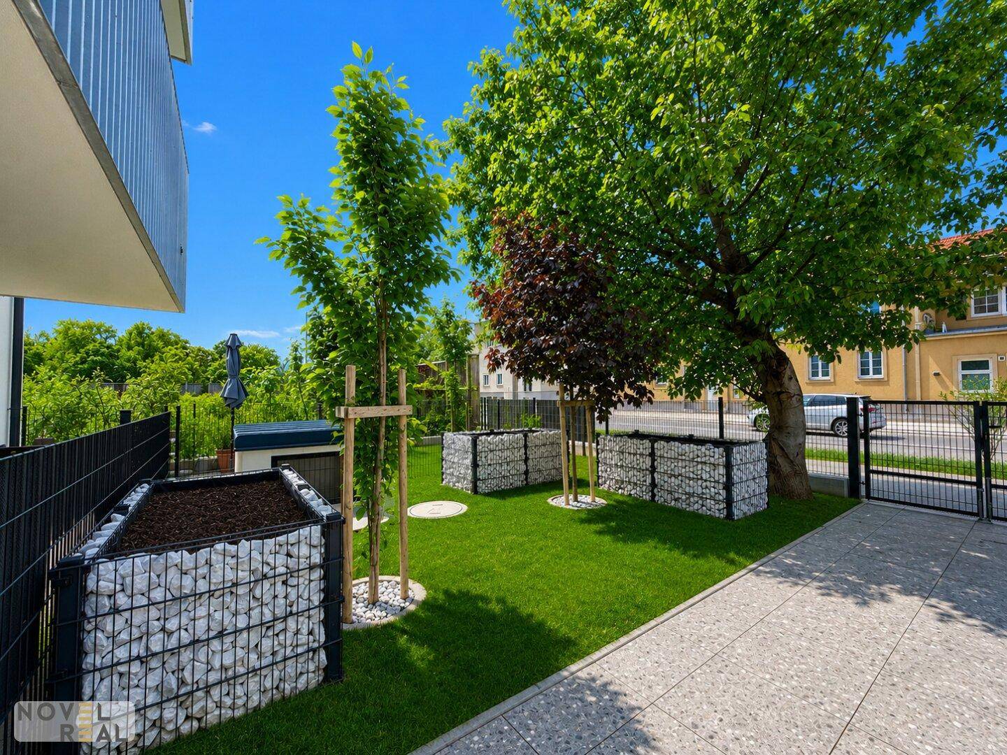 Gepflegter Gartenbereich mit jungen Bäumen, Rasenfläche und dekorativen Gabionen als Beeteinfassung.