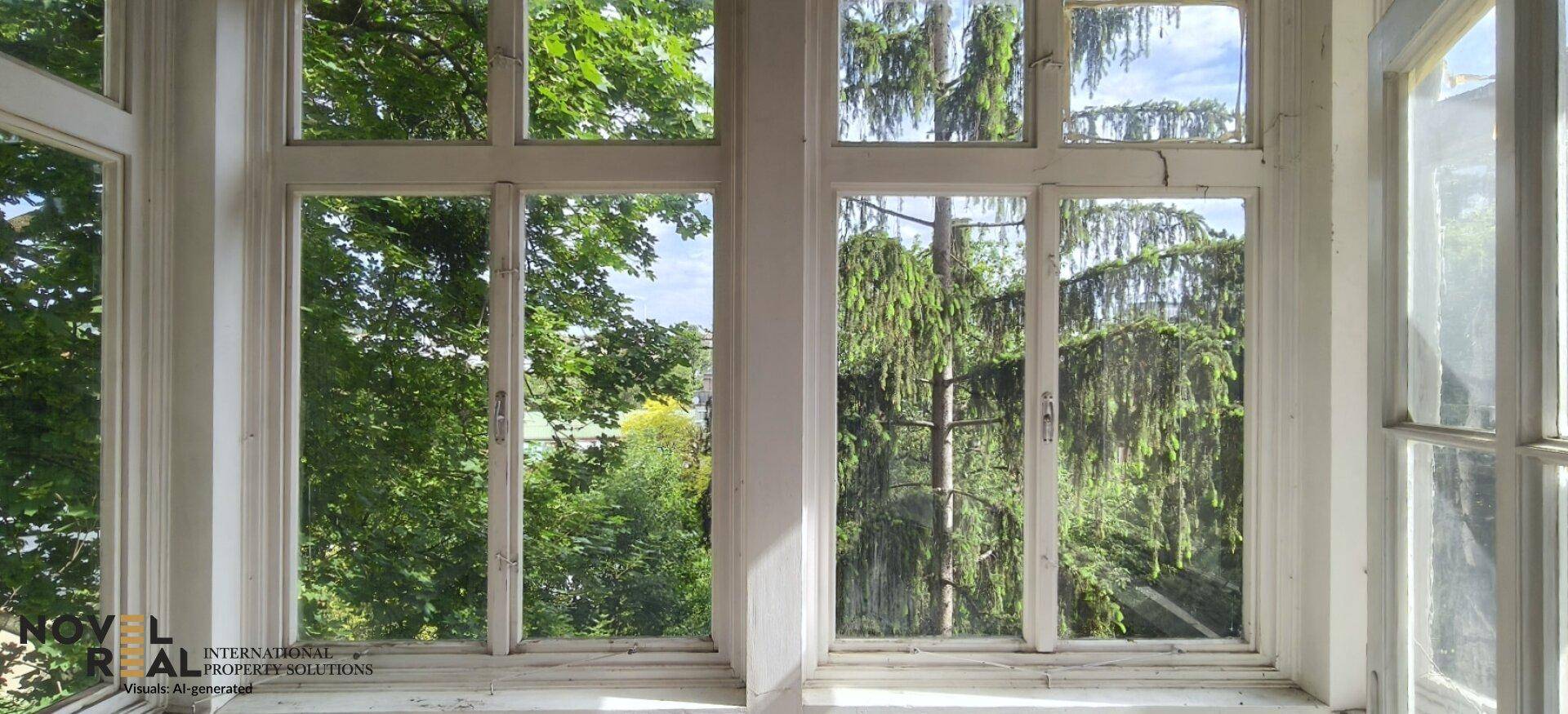 Grüner Ausblick aus einem Fenster mit Blick auf üppige Bäume und Vegetation.