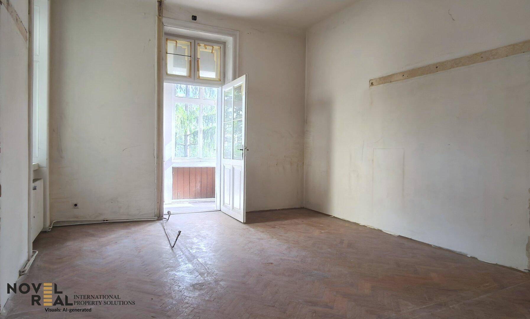 Leeres Zimmer mit Fischgrätparkett und Zugang zu einem Balkon oder einer Veranda.