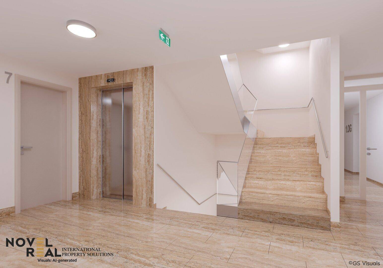 Moderner Eingangsbereich mit Aufzug, Treppe und Fliesenboden in hellem Design.