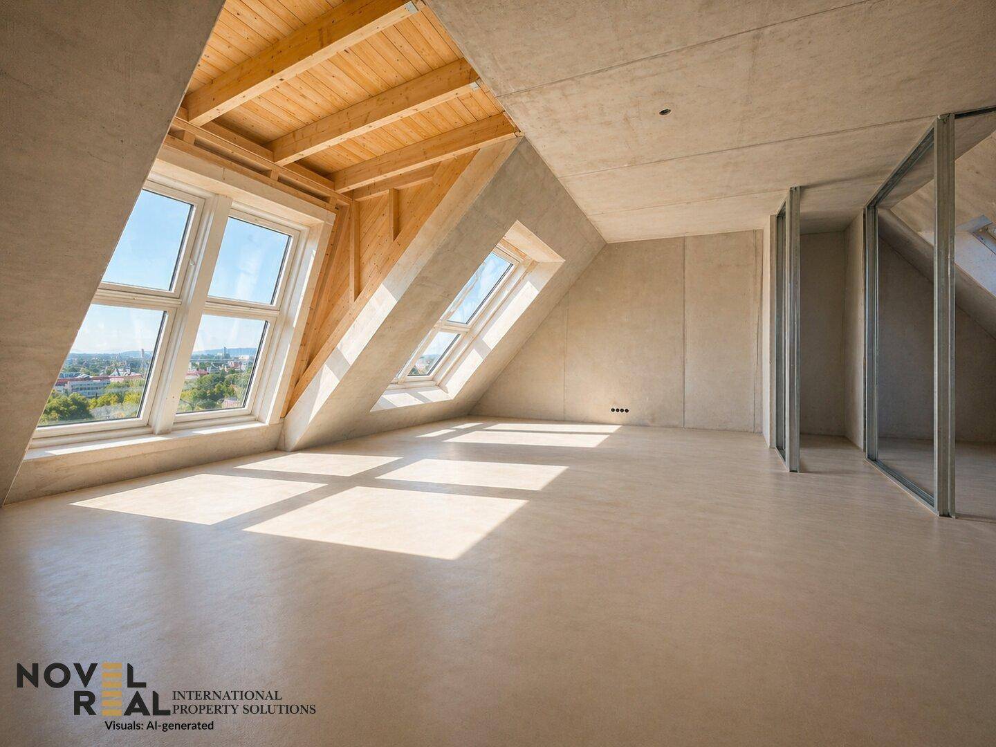 Geräumiger Dachgeschossraum mit Holzbalken, Dachfenstern und weitem Ausblick.