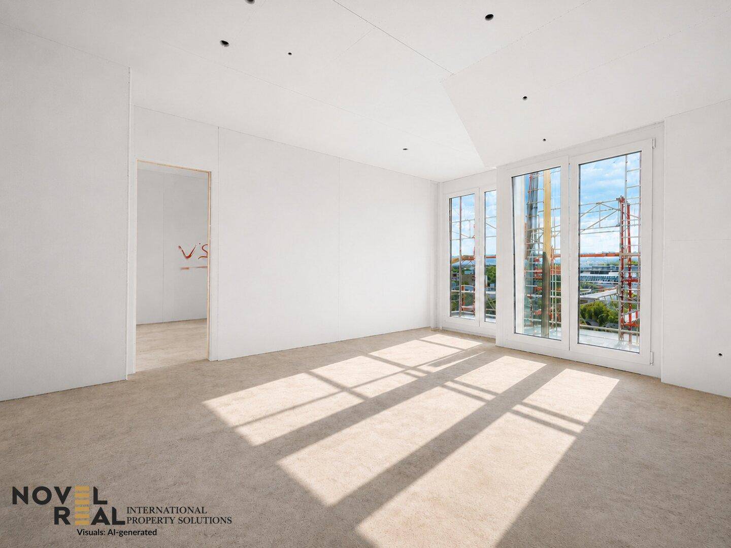 Heller, unmöblierter Raum mit Zugang zu einem Balkon und Blick auf die Umgebung.