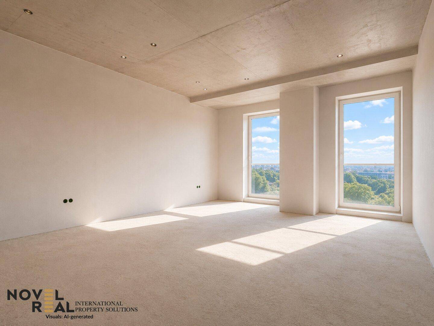 Lichtdurchfluteter, unmöblierter Raum mit hohen Decken und weitem Ausblick.