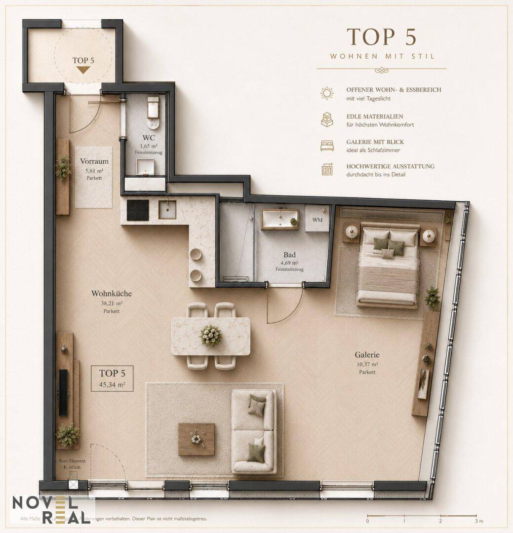 Detaillierter Grundriss der Wohnung TOP 5 mit offener Wohnküche und Galeriebereich.