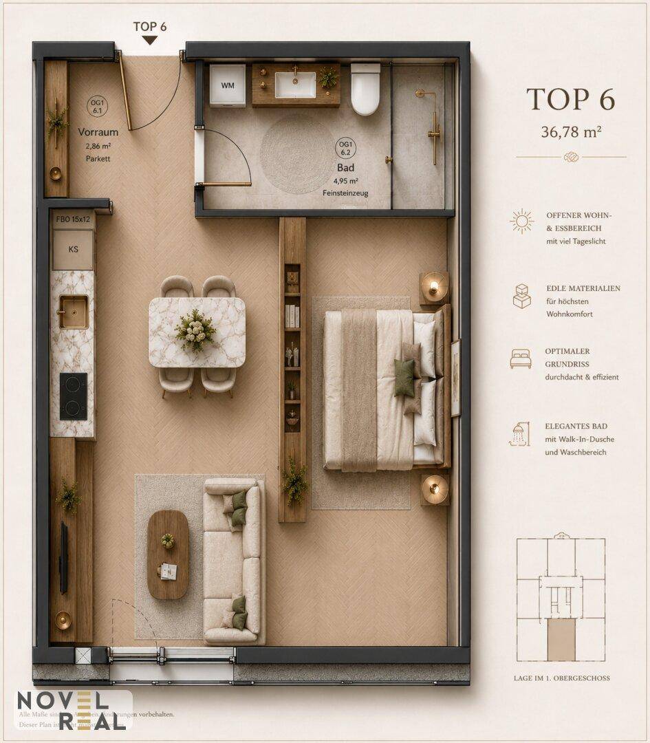 Detaillierter Grundriss einer Wohnung mit offenem Wohn-Essbereich und Schlafzimmer.