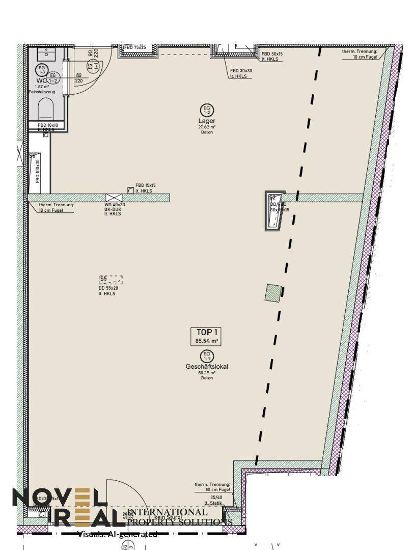 Grundriss eines Geschäftslokals mit Lagerraum und separatem WC, Gesamtfläche 85,56 m².